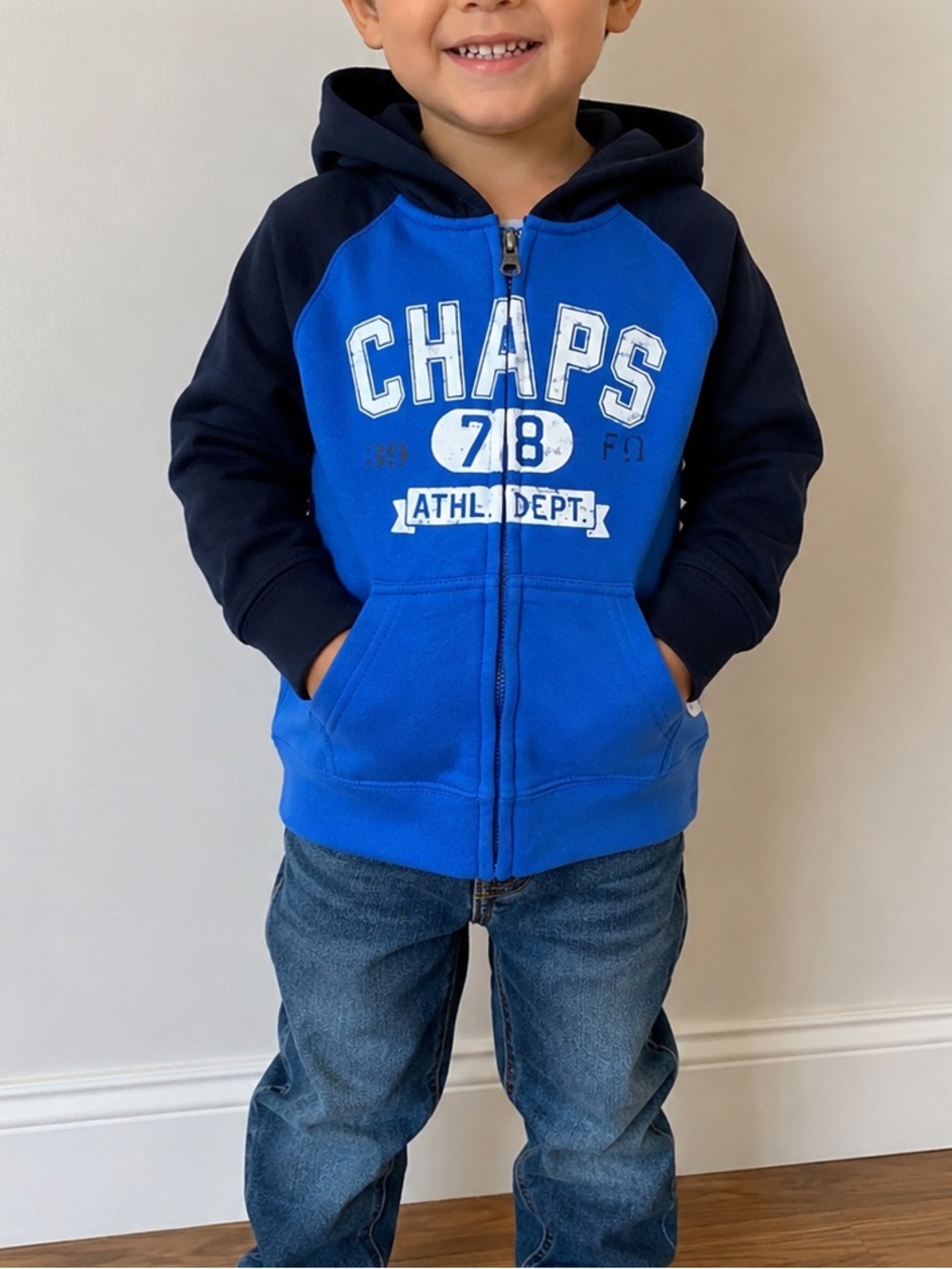 Boys sweater jacket hoodie 4/4T full front zipper blue black layering NWT